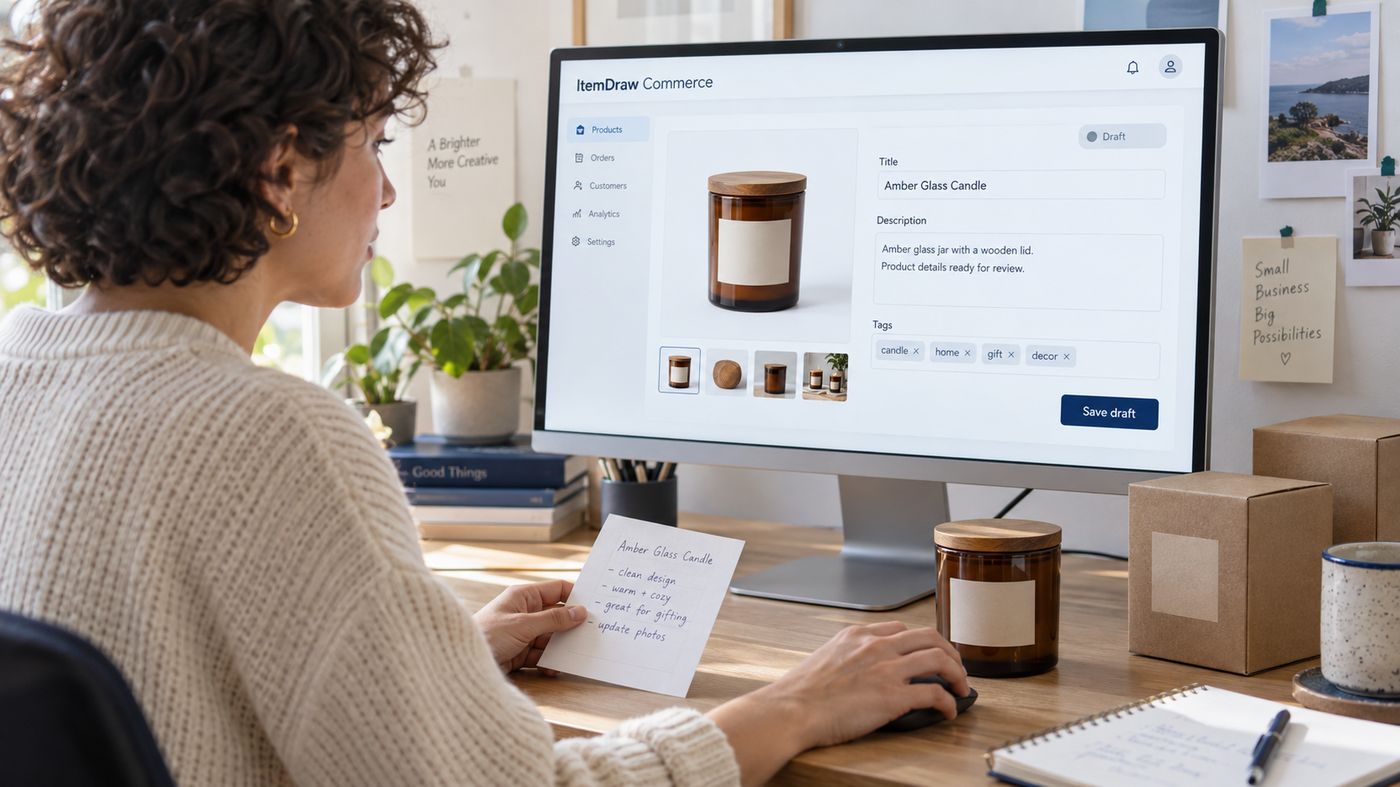 卖家在 ItemDraw Commerce 概念界面中核对香薰蜡烛的商品照片与 Listing 草稿